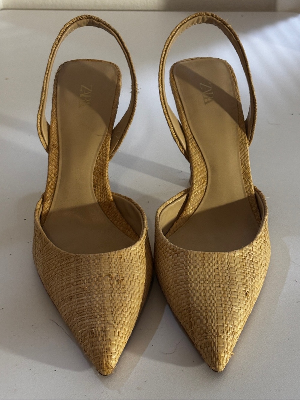 Zara Woven Pointed-Toe Slingback Heels in Tan